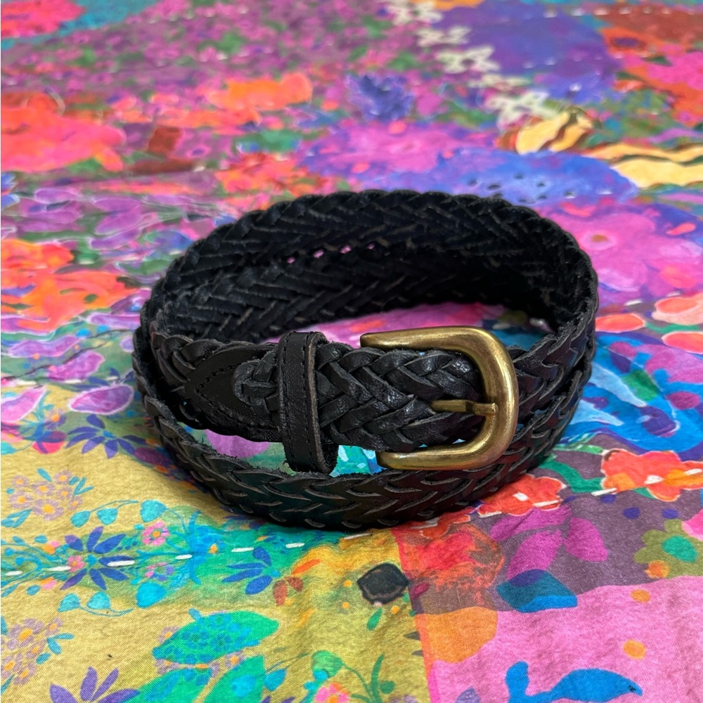 Vintage Woven Leather Belt Western Gold Solid Brass Buckle Size M Classic Boho